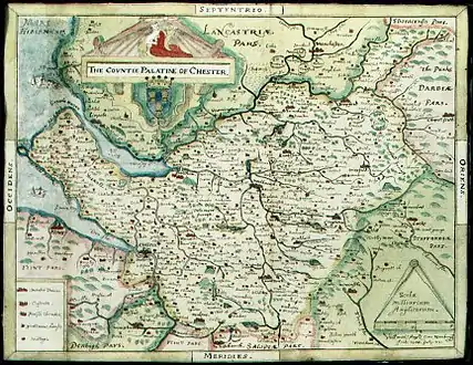 A map showing an area with a coastline at its west end and hills at its east. Buckton Castle is located in the north-east of the county.