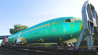 Boeing 737 Next Generation fuselage being transported by rail