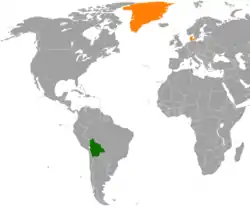 Map indicating locations of Bolivia and Denmark