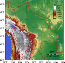 Map showing the relief of Bolivia