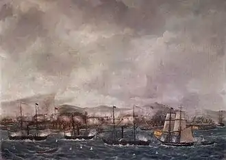 Spanish warships bombarding the Moro pirates of Balanguingui in 1848