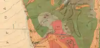 Geologic map of the Kennecott and Bonanza Mine area.  "ng" is the Nikolai greenstone formation, "Trc" is the Chitistone limestone formation, while "Qrg" are rock glaciers.