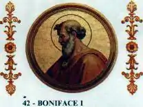 photograph of a fifth-century icon of Pope Boniface I, in the Basilica of Saint Paul Outside the Walls