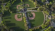 This image shows an aerial view of the Baseball Stadium Rheinaue.