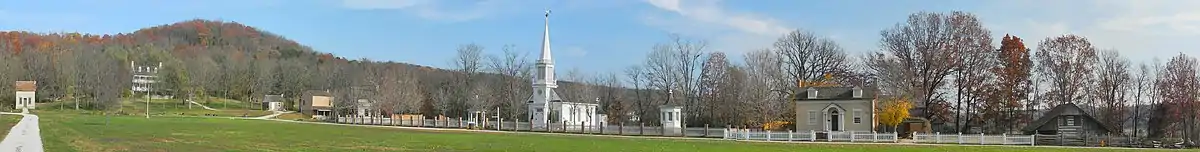 Panorama of Boonesfield Village with the Old Peace Chapel and other historic buildings