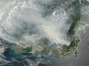 Satellite photograph of the haze above Borneo on October 5, 2006.