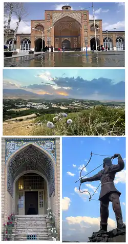 Top: Grand yard of  Sultani mosque, Middle: Outlook of Zagros Mountains, Bottom left: Eftekhar-al-Eslam old house, Bottom right: the  statute of Arash the Archer