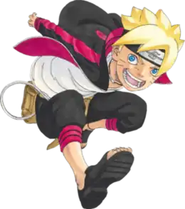 A picture of Boruto Uzumaki wearing a white and gray outlined shirt with a black and pink outfit.