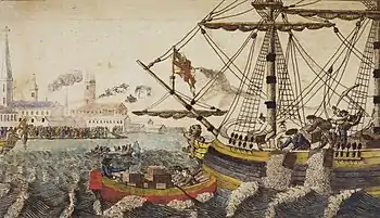 Image 16In 1773, a group of angered Bostonian citizens threw a shipment of tea by the East India Company into Boston Harbor in protest of the Tea Act, an event known as the Boston Tea Party that escalated the American Revolution. (from Boston)