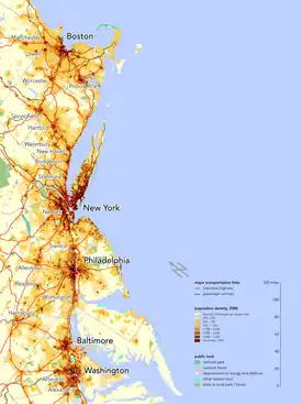 Population density in the Northeast megalopolis along the Atlantic Seaboard