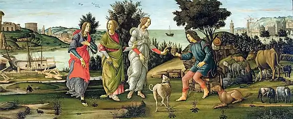 Sandro Botticelli, c. 1485–1488. This is one of the very few versions in which all three goddesses are fully clothed.