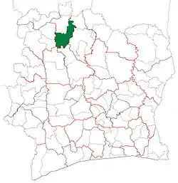 Location in Ivory Coast. Boundiali Department has had these boundaries since 2008.