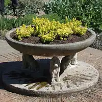 Yellow-green herbs in a shallow round stone planter supported by three small stone lions