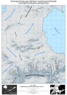 Topographic map of Bowles Ridge and central Tangra Mountains featuring Camp Academia