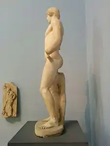 Prominent, muscular buttocks are a standard feature of athletic and military artwork from Ancient Greece, as demonstrated by this statue of a boxer. British Museum (c. 460 BC)