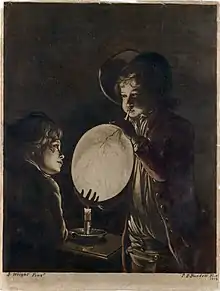 Peter Perez Burdett, Two Boys Blowing a Bladder by Candle-light, 1773 Aquatint after the original by Joseph Wright of Derby. Metropolitan Museum of Art, New York.