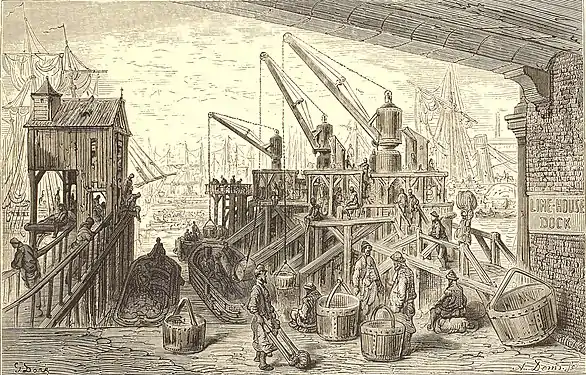 The north quay jetty drawn by Gustave Doré.  Notice hydraulic cranes.