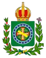 Imperial Coat of arms, design of the first reign (note the crimson velvet within the Crown), kept in usage in the early second reign, until the Coronation of Emperor Pedro II (when the design of the Crown was modified, to reflect the shape of the new Crown, and its dark green velvet cap (1 December 1822 – 18 July 1840)