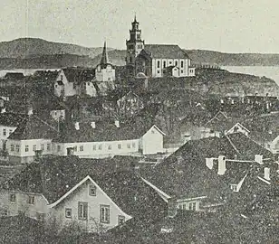 View of church #1 and the newly built church #2 (higher up on the island)