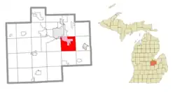 Location within Saginaw County (red) and the administered community of Bridgeport (pink)