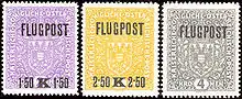 Austria, 1918: Austro-Hungarian Empire stamps overprinted 'FLUGPOST' for airmail. Also surcharged.