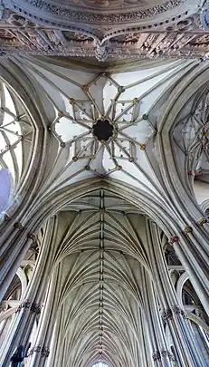 The interior of Bristol Cathedral shows the unusual pattern of the vaulting.