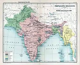 A map of the prevailing religions of the British Indian empire based on district-wise majorities based on the Indian census of 1909, and published in the Imperial Gazetteer of India.  The partition of the Punjab and Bengal was based on such majorities.