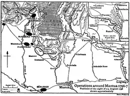 Black and white map is labeled "Operations around Mantua 1796-7: Positions on the night of 2-3 August 1796 shown approximately."