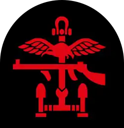 Insignia of Combined Operations units it is a combination of a red Thompson submachine gun, RAF wings and an anchor on a black backing