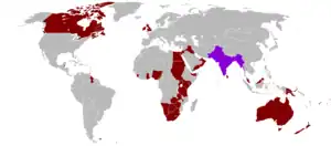 Image 26The British Empire is red on the map, at its territorial zenith in the late 1910s and early 1920s. (India highlighted in purple.) South Africa, bottom centre, lies between both halves of the Empire. (from History of South Africa)