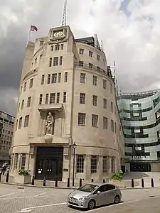 The nautical-style rounded corner of Broadcasting House in London, UK (1931)