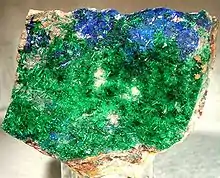 Brochantite on  Linarite. Locality: Mujuram, Morocco. Size 8 x 8 cm.