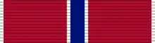 A red military ribbon with a thin blue and white line running down the center.