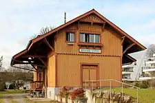 East side of station building of Buchs ZH railway station (2016) on the closed  Bülach-Baden line