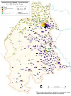 Ethnic map of Bukovina (purple = Romanians, green = Ukrainians)