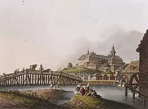 The Dâmbovița watermills on the outskirts of Bucharest (1837), in the background: Dealul Spirii