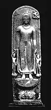 Buddha statue inscribed "Gift of Abhayamitra in 157 in the reign of Buddhagupta" (476 CE) Sarnath Museum.