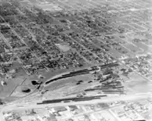 Northwestward aerial of FEC Buena Vista yard in 1928, now Midtown Miami