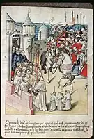 Buisine player and clarion player at religious ceremony, Manuscript of Saint-Esprit, 1450-1460, France. Clarion matches Thurner horn in Virdung's 1511 illustration.