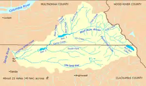 The Bull Run River watershed forms part of the western border of Hood River County, Oregon, on the east. The watershed tapers to the river's confluence with the Sandy River, on the west. The watershed is almost evenly divided between Clackamas County, on the south, and Multnomah County, on the north.