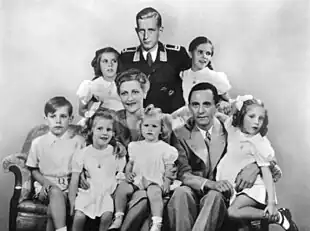 Joseph Goebbels, his wife Magda, and their six children. Edited into the photo in the back is Goebbels' stepson, Harald Quandt, the sole family member to survive the war.