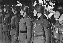 a black and white photograph of a line of Waffen-SS soldiers on parade