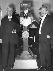 Image 23Max Skladanowsky (right) in 1934 with his brother Eugen and the Bioscop (from History of film technology)