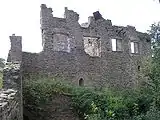 The secured palas from the east. Left, near the bridge, a part of the zwinger wall. The right-hand window of the upper storey was protected by a steel frame