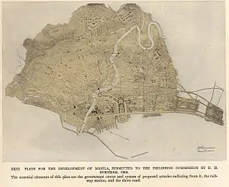 The Plan of Manila by Daniel Burnham in 1905 includes the towns and suburbs beyond the Walled City as part of the City of Manila