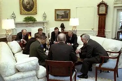 George H. W. Bush discusses Operation Desert Storm with officials (1991)