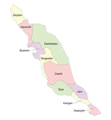 Location of Dashti County in Bushehr province (center, pink)