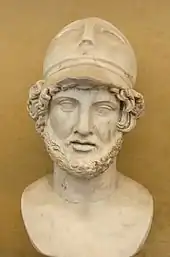 Image 11Marble bust of Pericles with a Corinthian helmet, Roman copy of a Greek original, Museo Chiaramonti, Vatican Museums; Pericles was a key populist political figure in the development of the radical Athenian democracy. (from Ancient Greece)