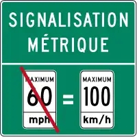 Metric signage reminder in Quebec, posted near US border