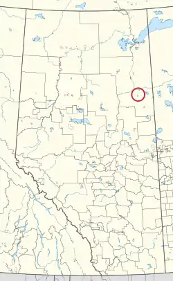 A map of the province of Alberta showing 80 counties and 145 small Indian reserves. One is highlighted with a red circle.